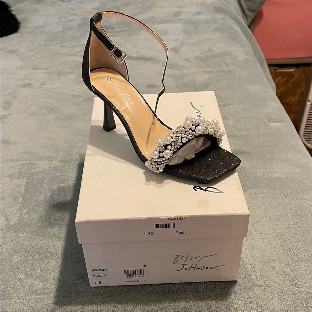 Betsey Johnson Black Heels with Pearl Accents